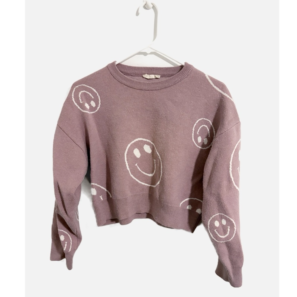 Altar'd State Purple Cropped Smiley Face Crop Sweater‎